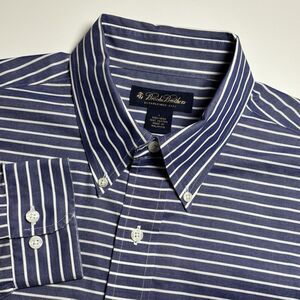 Brooks Brothers Navy Blue Stripped Non iron‎ Men L Button Down Shirt Long Sleeve